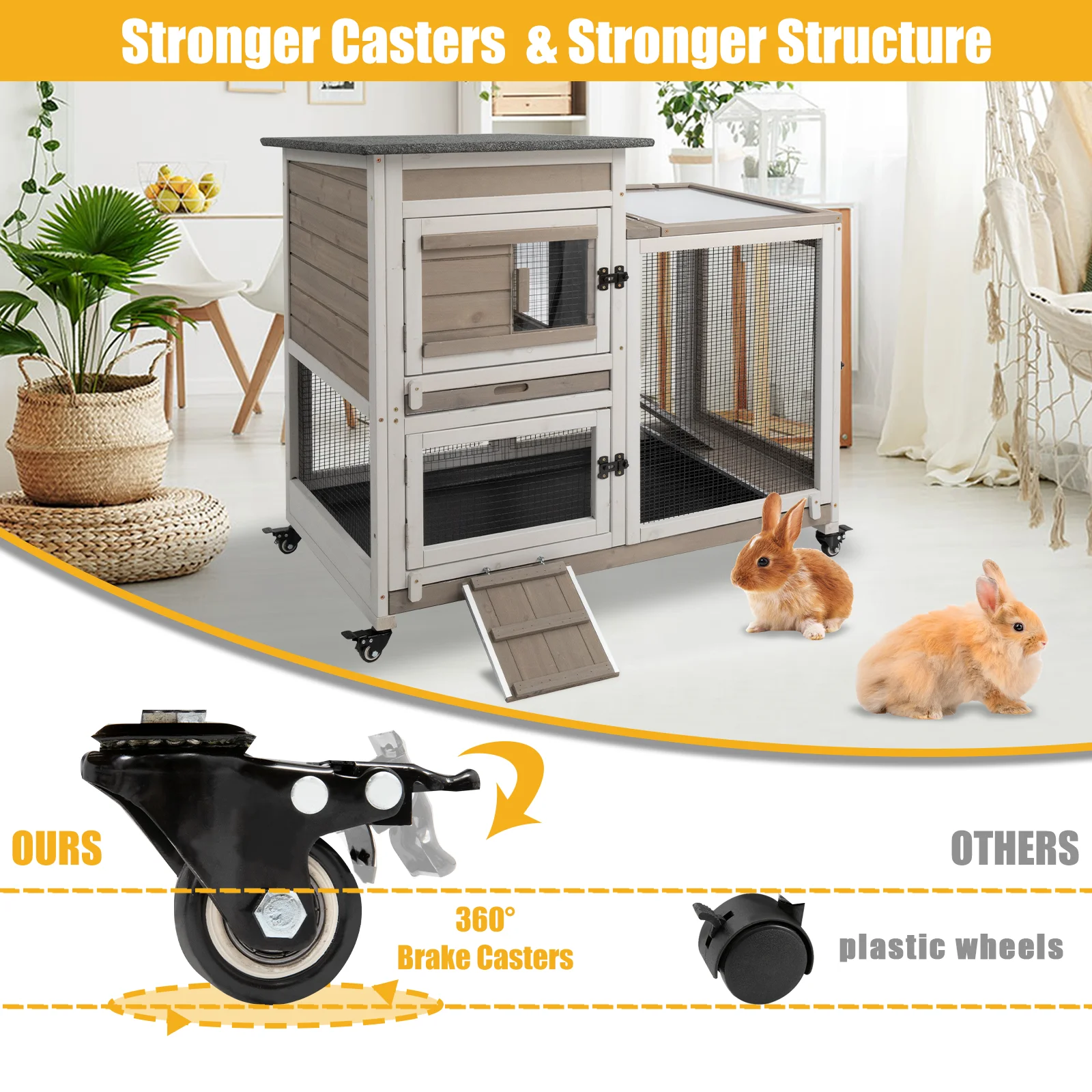 Gowoodhut PET32 Rabbit Hutch Indoor Large 2-Story Outdoor Wooden Bunny Hutch with Run on Wheels, Gray - Image 5