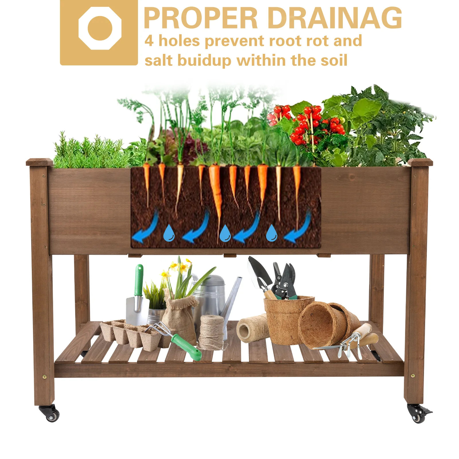 Gowoodhut GF22W Raised Garden Bed with Wheels 48x24x30in, Wood Planter for Vegetables, Flowers, Herbs – Suitable for Backyard, Patio, Balcony, Terrace, Veranda (Brown) - Image 5