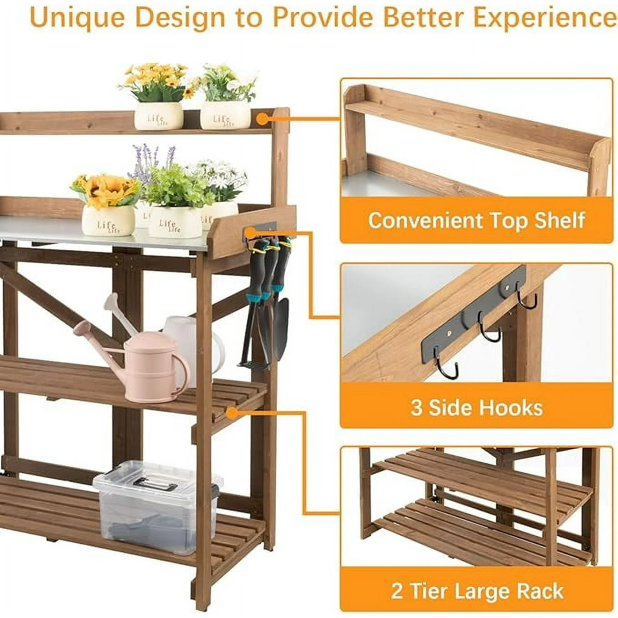 Gowoodhut GF12 Garden Potting Bench with Metal Tabletop,Outdoor Potting Table Workstation Benches with Drawer/Storage Shelf - Image 5