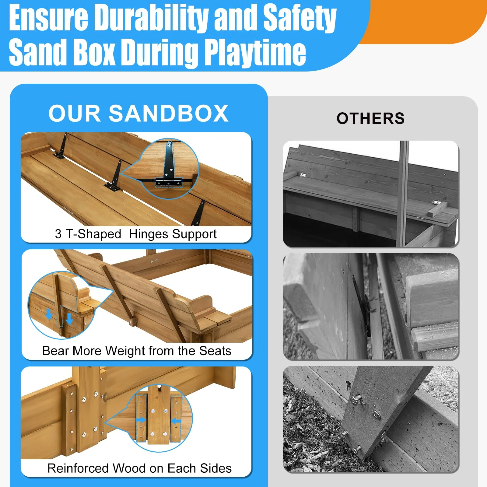 Gowoodhut GF03 Wooden Sandbox with Lid, Kids Sandbox with Cover Outdoor, Sandbox with 2 Foldable Bench Seats for Backyard - Image 5