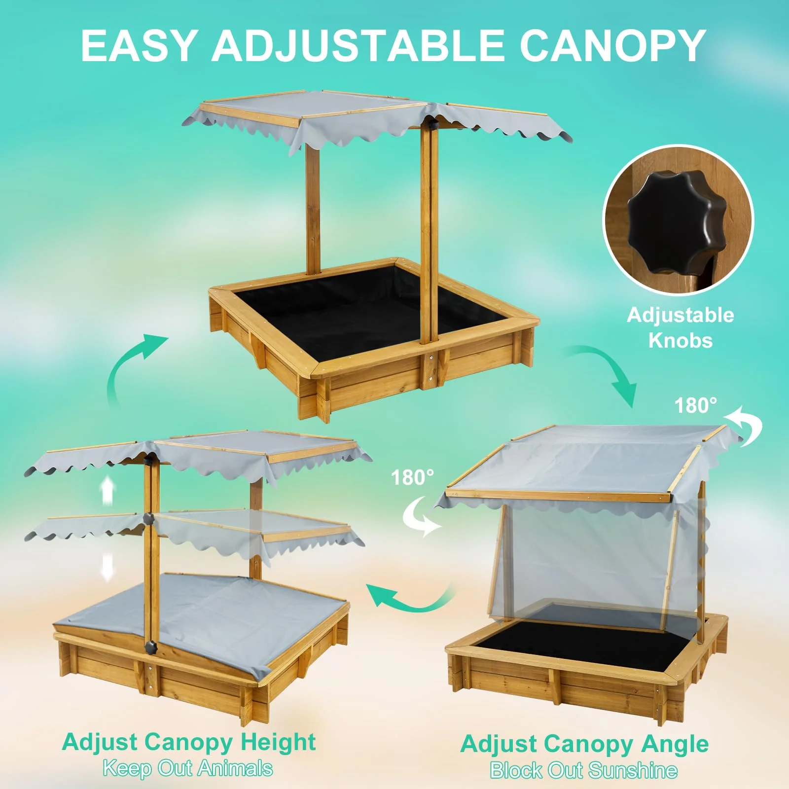 Gowoodhut GF04 Wooden Sandbox Outdoor Backyard, Kid's Large Sand Box with Retractable Canopy for Aged 3-8 Years Old,45.3x45.3in Children Sand Pit Play Equipment with Bottom Liner for Beach Garden, Brown - Image 5