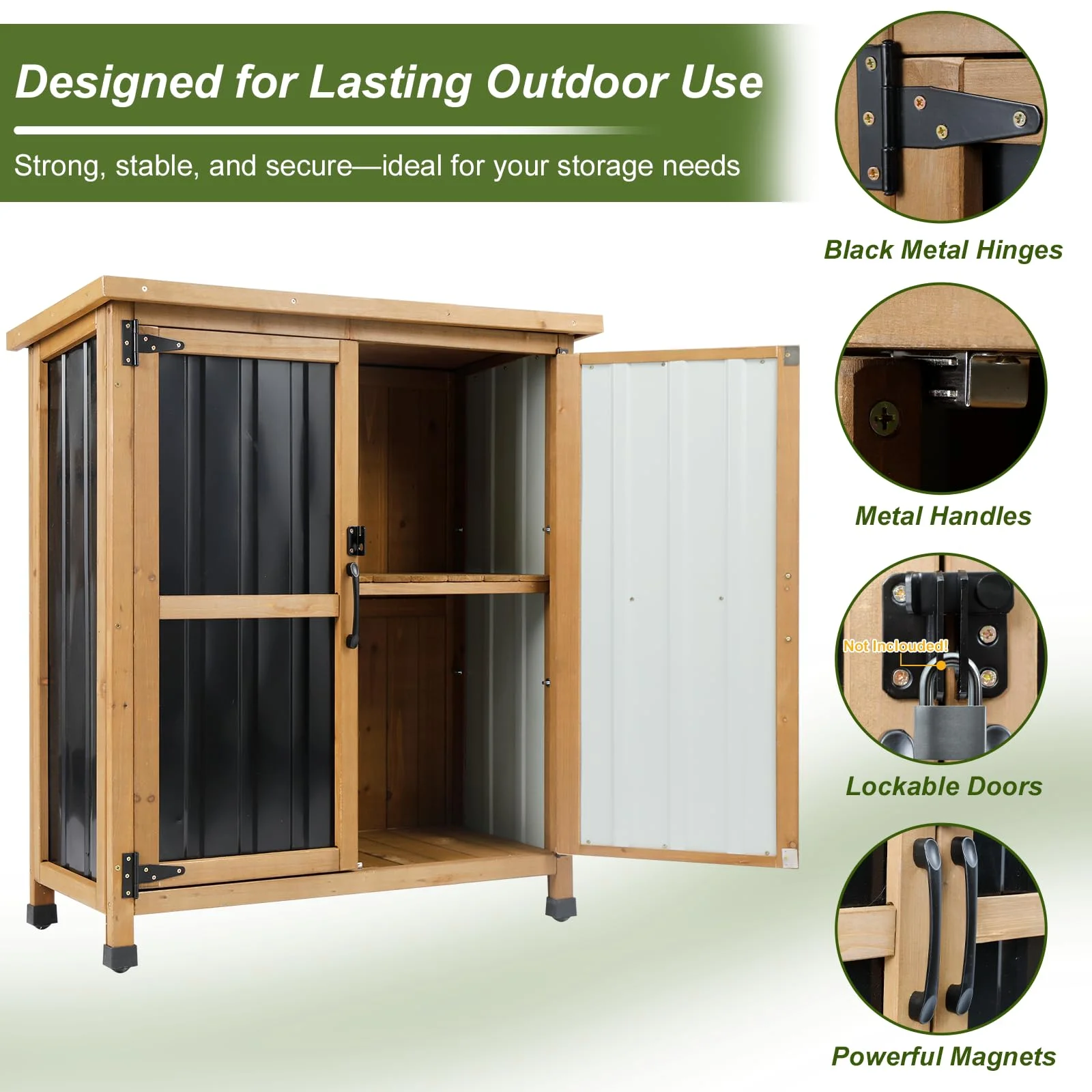 Gowoodhut GF31 Outdoor Storage Cabinet Wood & Metal Small Storage Shed Waterproof Roof, Double Lockable Doors Garden Shed with Removable Shelves for Patio, Garden, Backyard, Lawn - Image 5