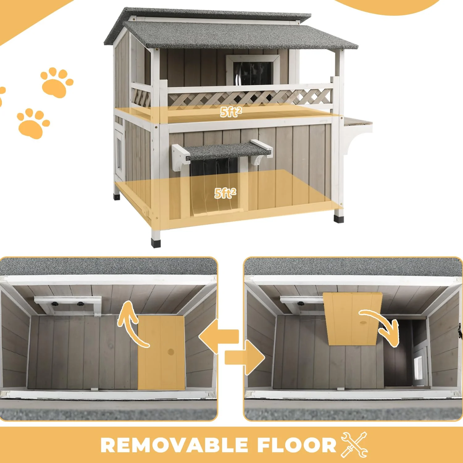Gowoodhut PET14 Cat House Two-Story Wooden Feral Cat Shelter with Balcony for Indoor & Outdoor - Image 5