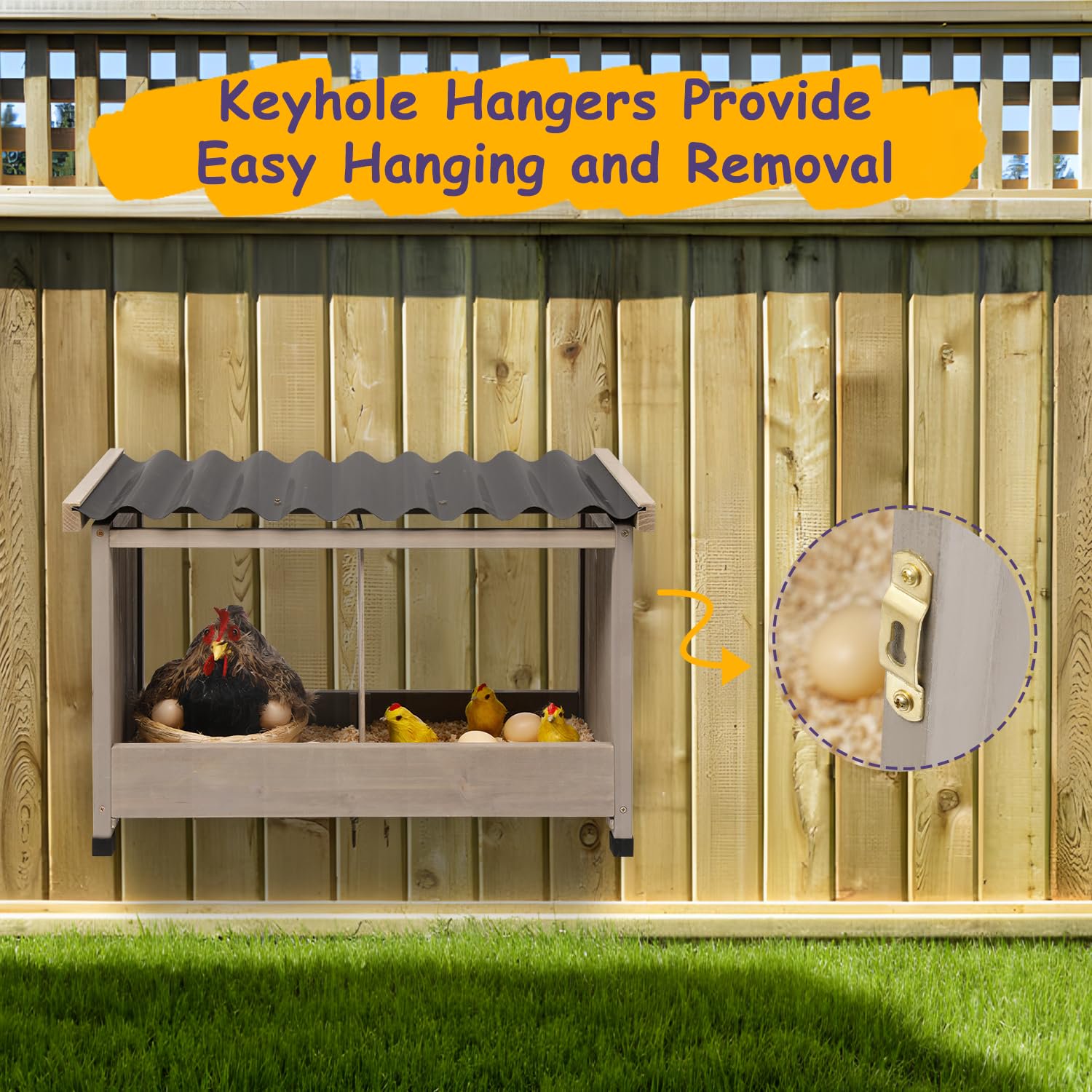 Gowoodhut PET55 Chicken Nesting Box, 2 Compartments Wooden Chicken Coop, Wall-Mounted Nesting Boxes - Image 5