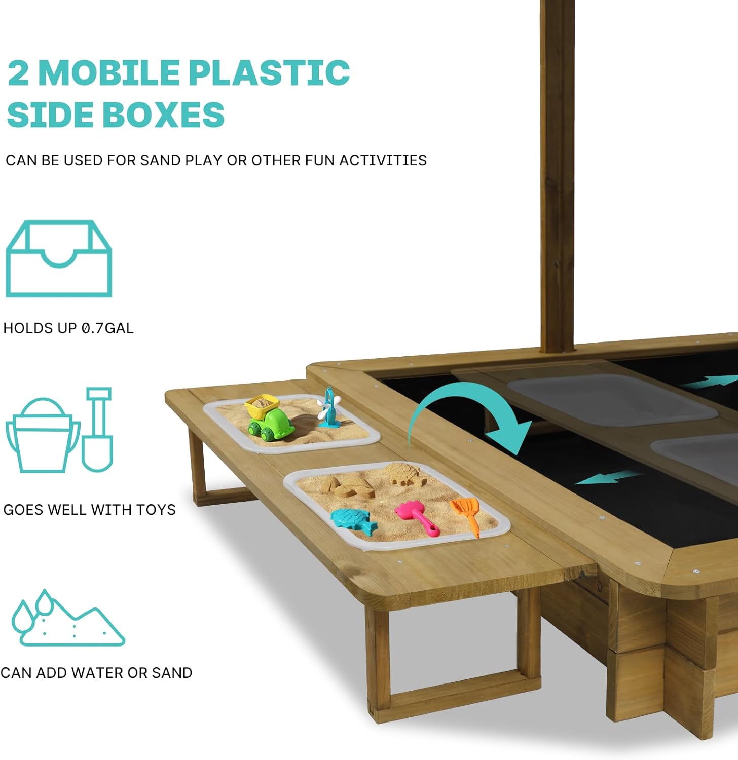 Outdoor GF05 Kids Sandbox with Lid, Wooden Sand Box with Cover, with 2 Side Buckets, Adjustable Canopy & UV-Protection, Natural fir/Smooth Surface, Sand Box for Kids Ages 2-8 - Image 5