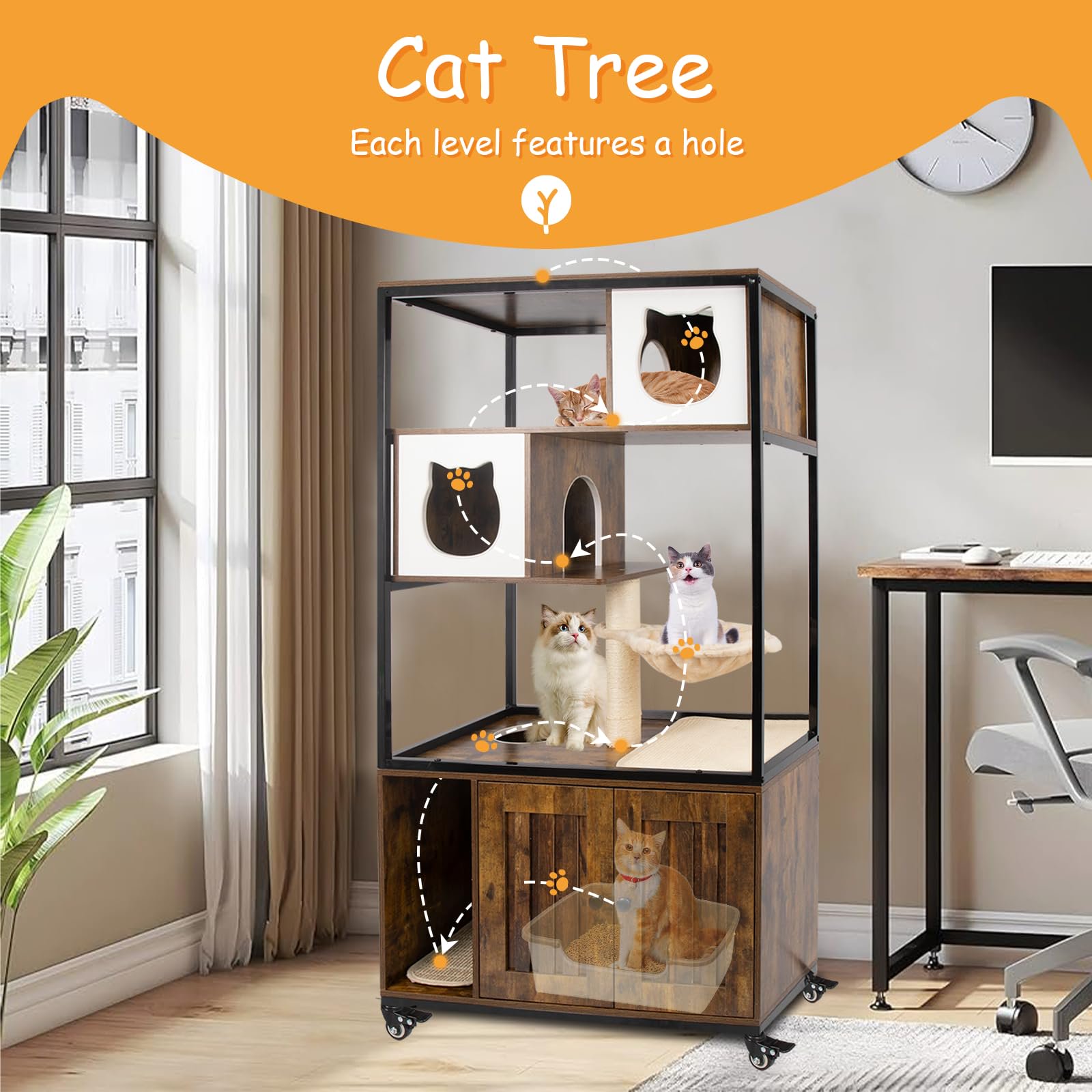 Gowoodhut PET54 Cat Tree Furniture, Cat Litter Box Enclosure Furniture with Caster - Image 6