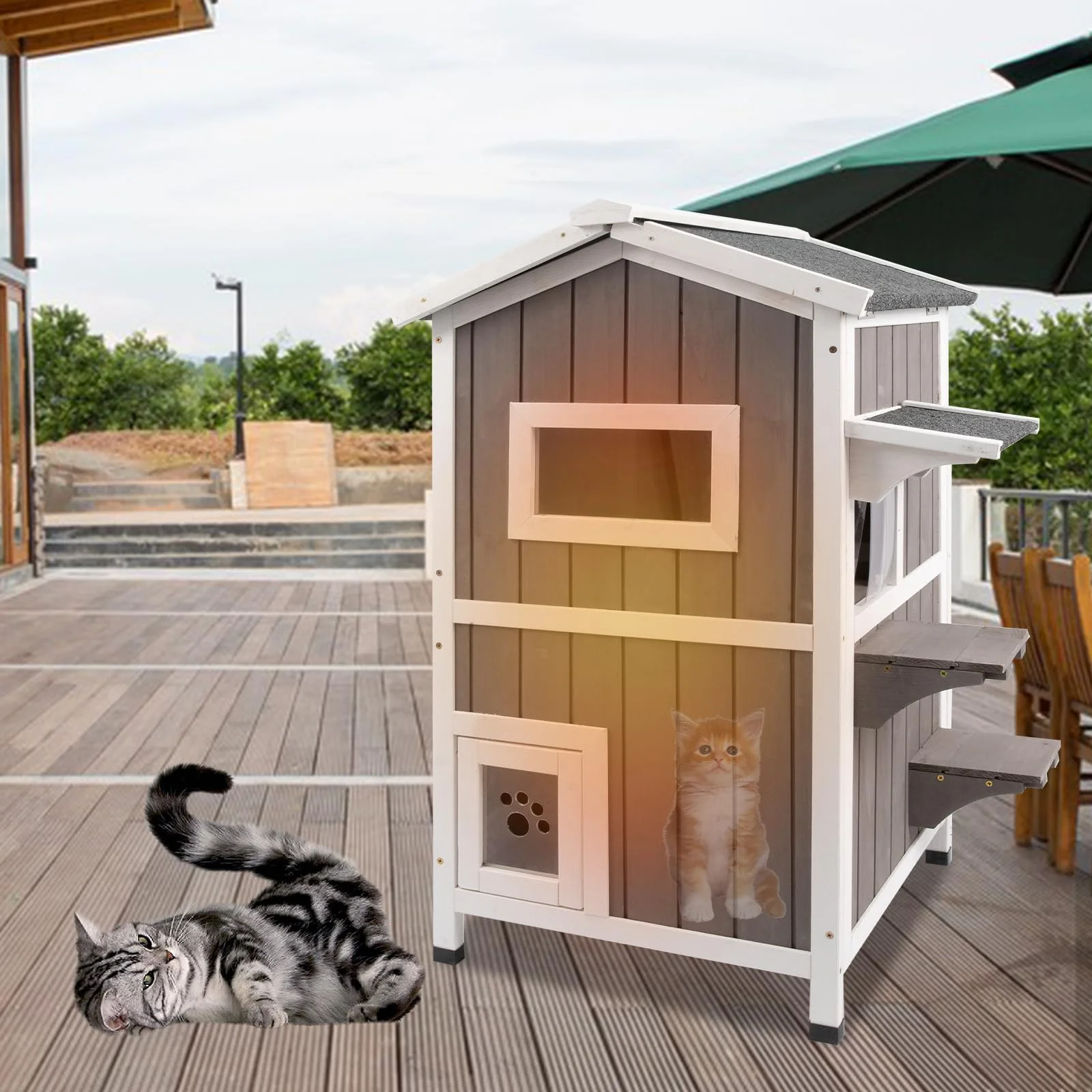 Gowoodhut PET04 Cat House Indoor Outdoor Feral Cat Shelter Kitty House with Escape Door, Gray - Image 6
