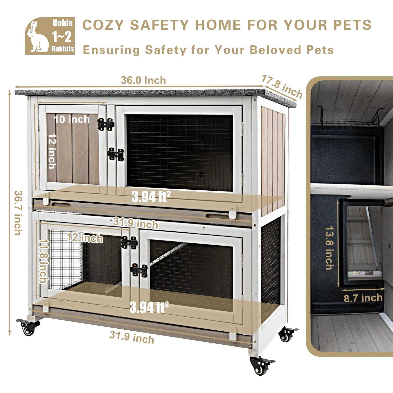 Gowoodhut PET34 Rabbit Hutch Indoor Wooden 2 Story Bunny Hutch Rabbit Cage with Wheels for Small Animals - Image 6