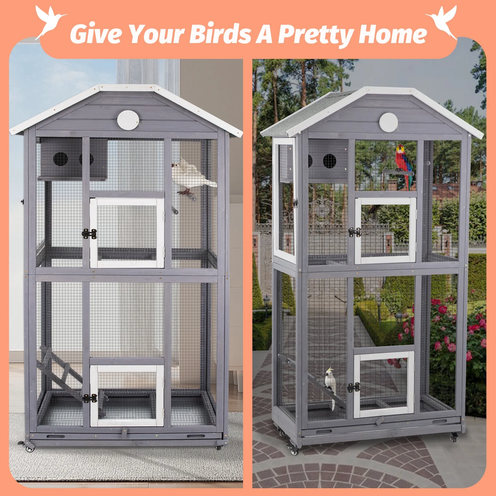 Gowoodhut PET51 Outdoor Bird Cage Large, Wooden Flight Aviary with Perches, Nest Habitat - Image 6