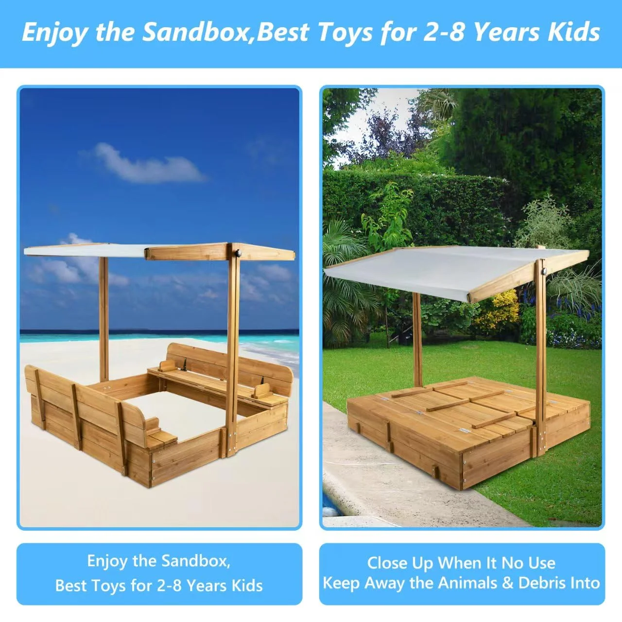 Gowoodhut GF01 Wooden Sandbox with Lid Outdoor Sand Box with Adjustable Height Roof for Kids - Image 6