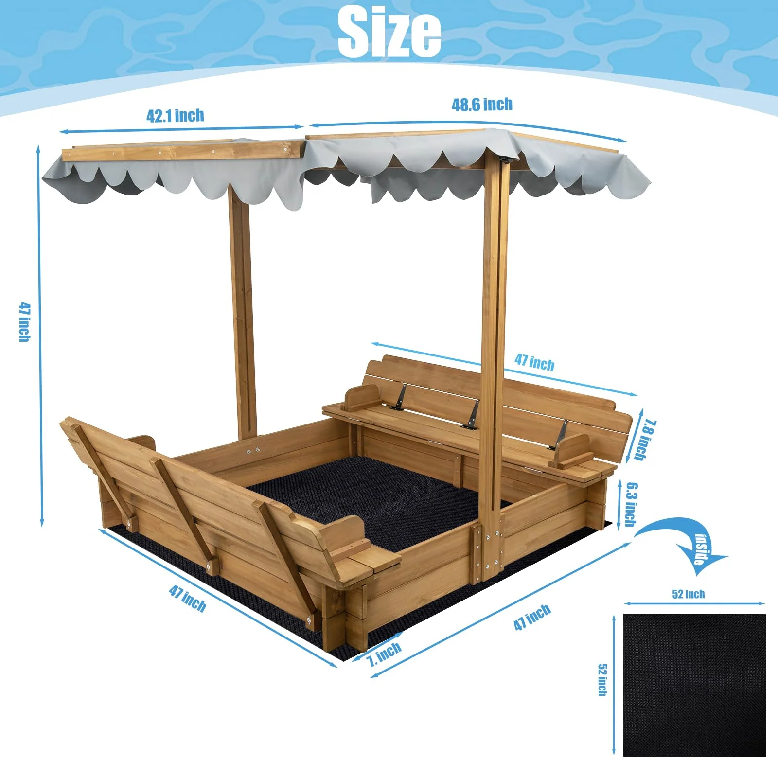 Gowoodhut GF03 Wooden Sandbox with Lid, Kids Sandbox with Cover Outdoor, Sandbox with 2 Foldable Bench Seats for Backyard - Image 6