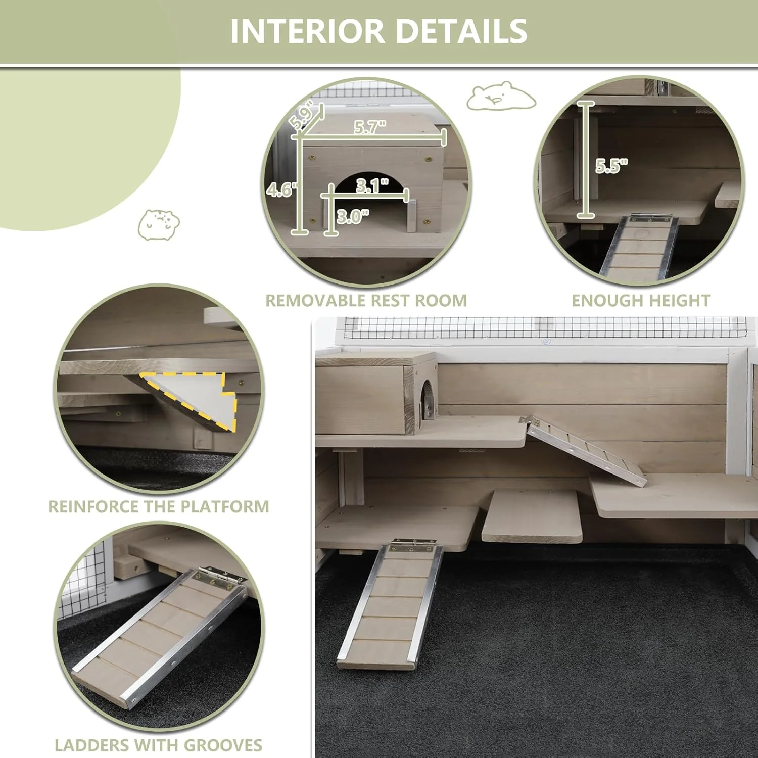 Gowoodhut PET39 Hamster Cages Wooden Guinea Pig Cage Indoor with Hideout for Small Animals, Gray - Image 7