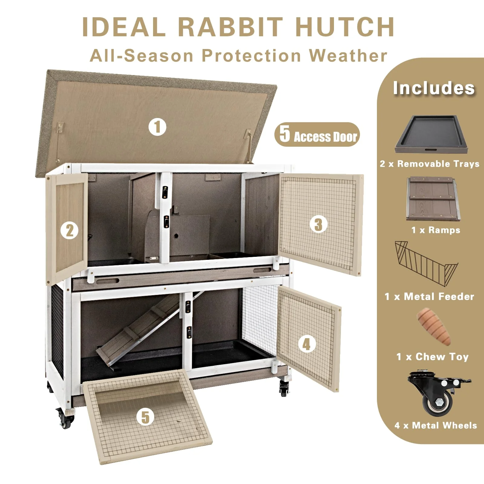 Gowoodhut PET34 Rabbit Hutch Indoor Wooden 2 Story Bunny Hutch Rabbit Cage with Wheels for Small Animals - Image 7