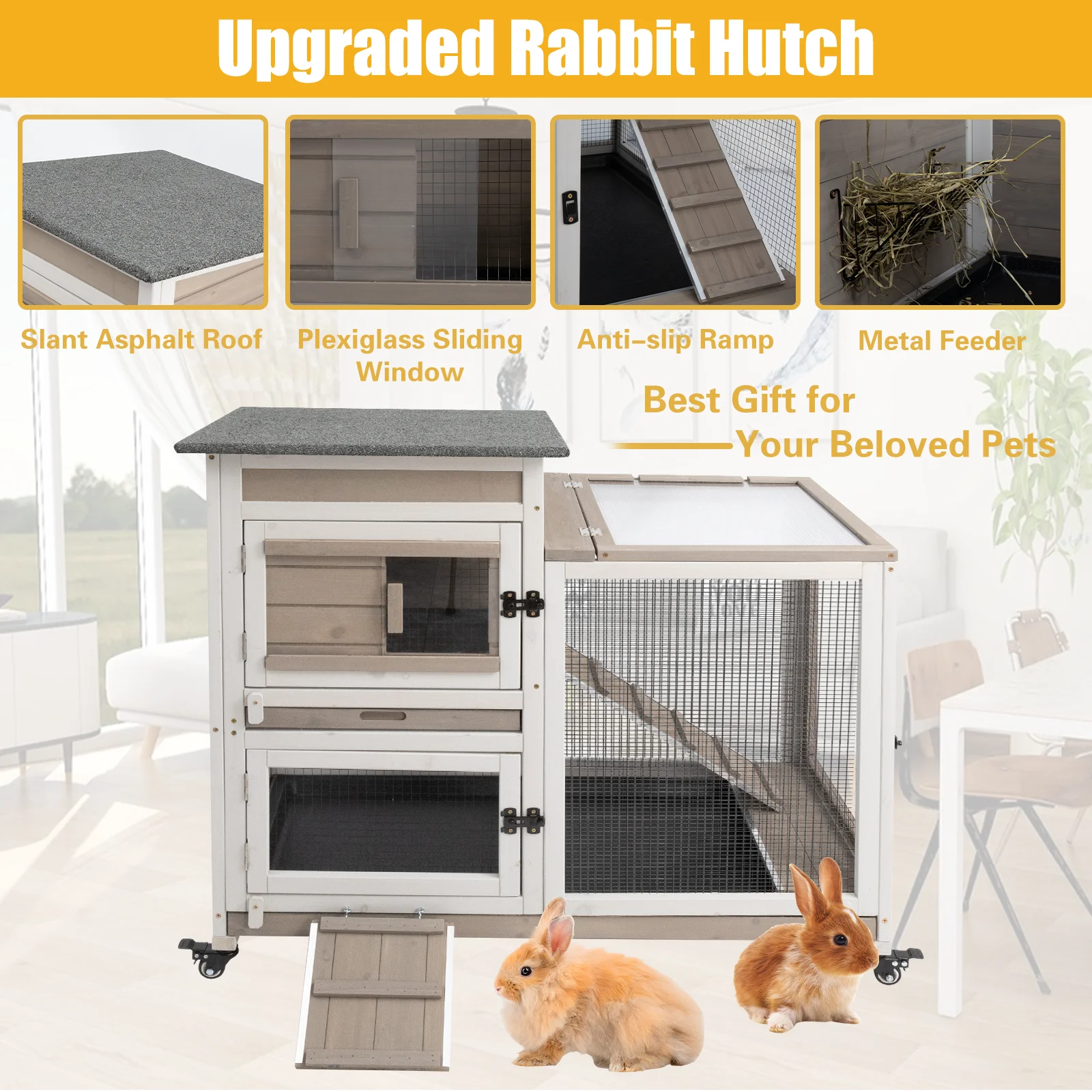 Gowoodhut PET32 Rabbit Hutch Indoor Large 2-Story Outdoor Wooden Bunny Hutch with Run on Wheels, Gray - Image 7