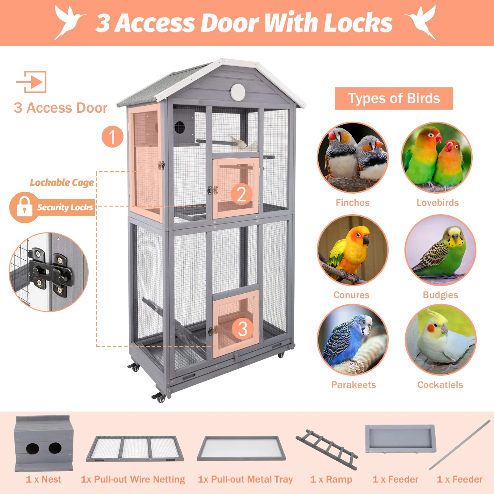 Gowoodhut PET51 Outdoor Bird Cage Large, Wooden Flight Aviary with Perches, Nest Habitat - Image 7