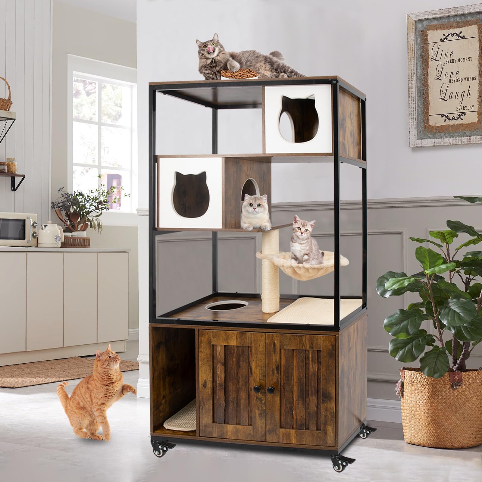 Gowoodhut PET54 Cat Tree Furniture, Cat Litter Box Enclosure Furniture with Caster - Image 7