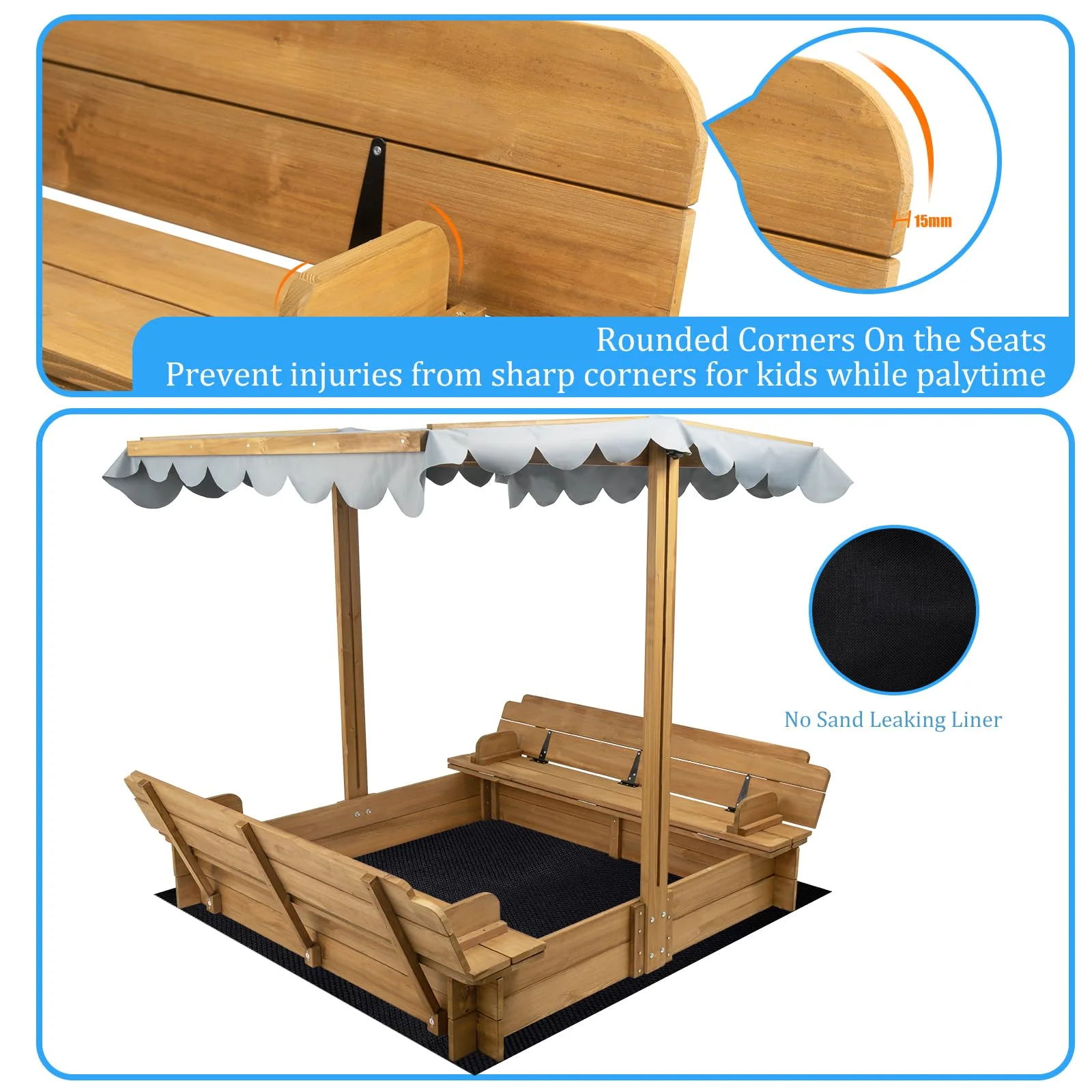 Gowoodhut GF03 Wooden Sandbox with Lid, Kids Sandbox with Cover Outdoor, Sandbox with 2 Foldable Bench Seats for Backyard - Image 7