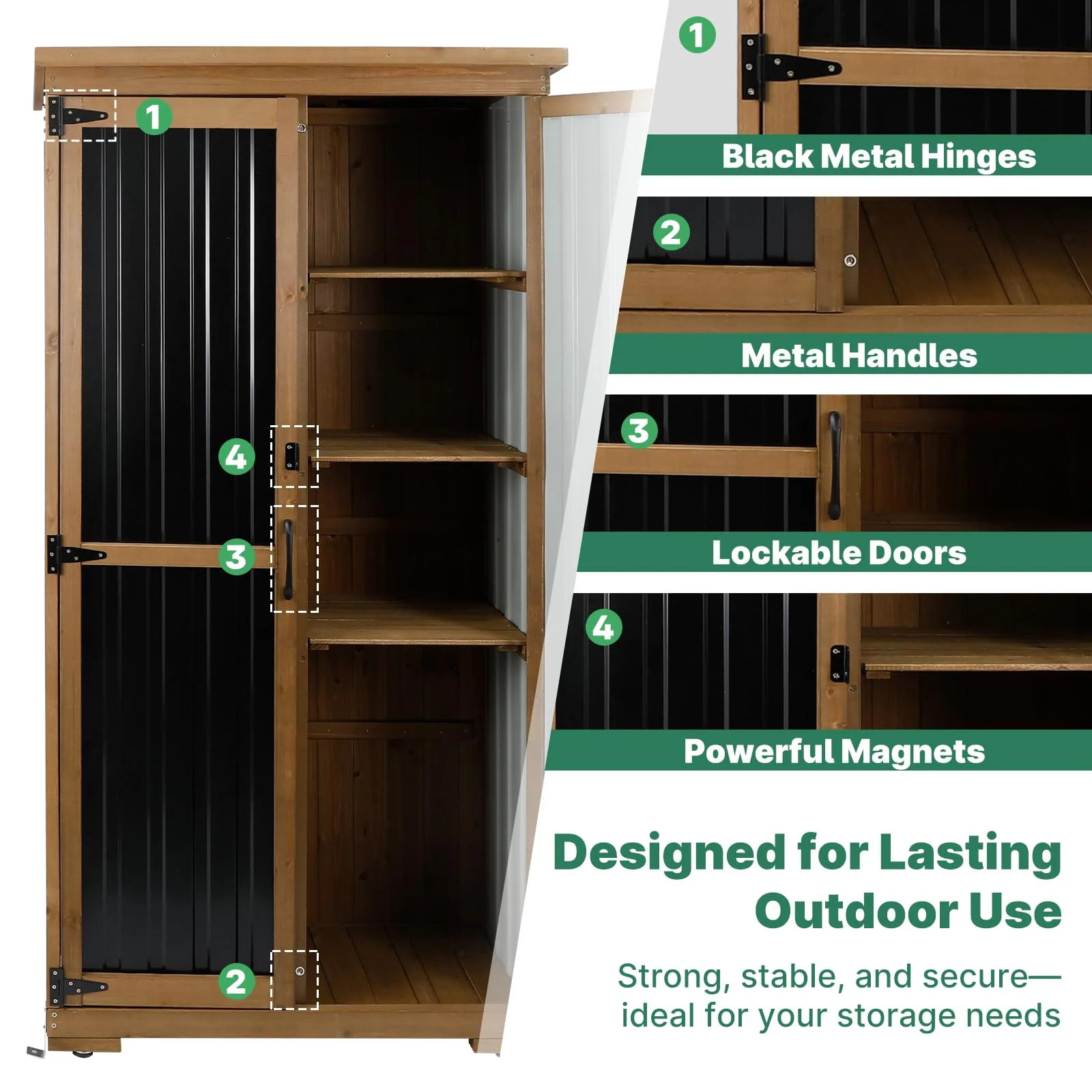 Gowoodhut GF32 Outdoor Storage Cabinet Wood & Metal, Tall Tool Shed with Weatherproof, Double Lockable Doors, Removable 3 Shelves, Adjustable Feet - Image 7