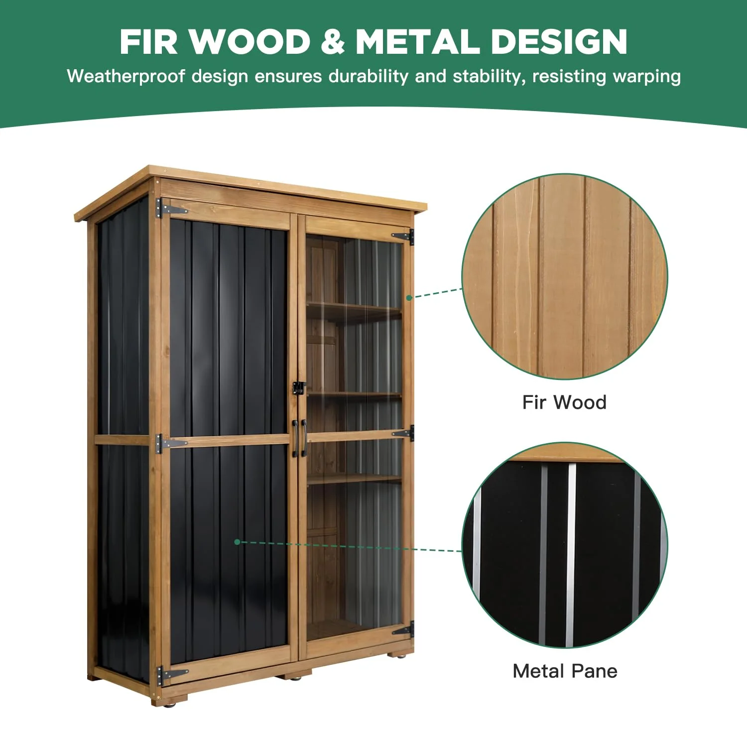 Gowoodhut GF33 Outdoor Storage Cabinet Wood & Metal, Storage Shed with Weatherproof Double Lock for Anti-Theft Removable Shelves Adjustable Feet Wooden Floor - Image 7