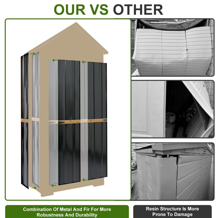 Gowoodhut GF34 Wood & Metal Outdoor Storage Shed with Waterproof Roof, Garden Tool Shed with 6 T-Hinge, 4 Reinforced feet with Metal Brackets and 6 Adjustable feet - Image 7