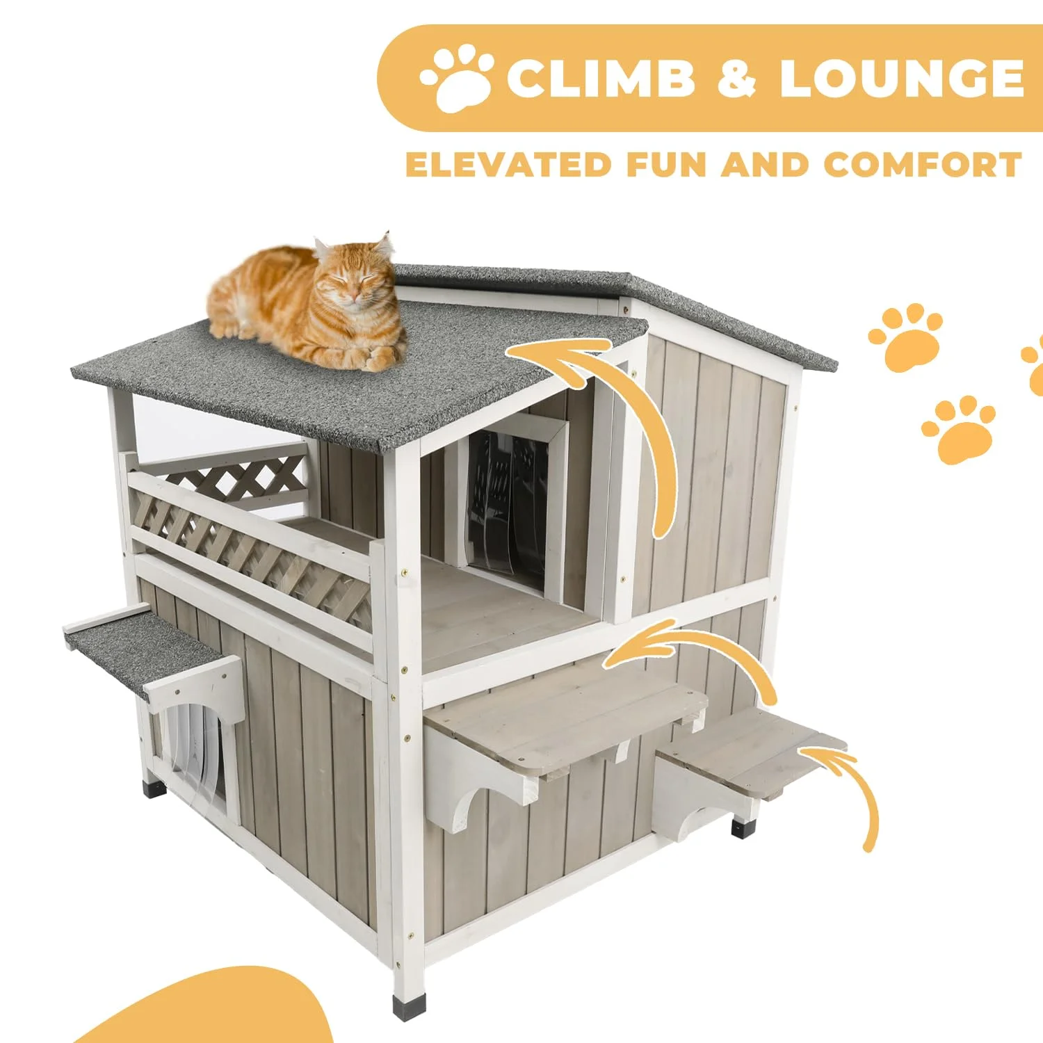 Gowoodhut PET14 Cat House Two-Story Wooden Feral Cat Shelter with Balcony for Indoor & Outdoor - Image 7