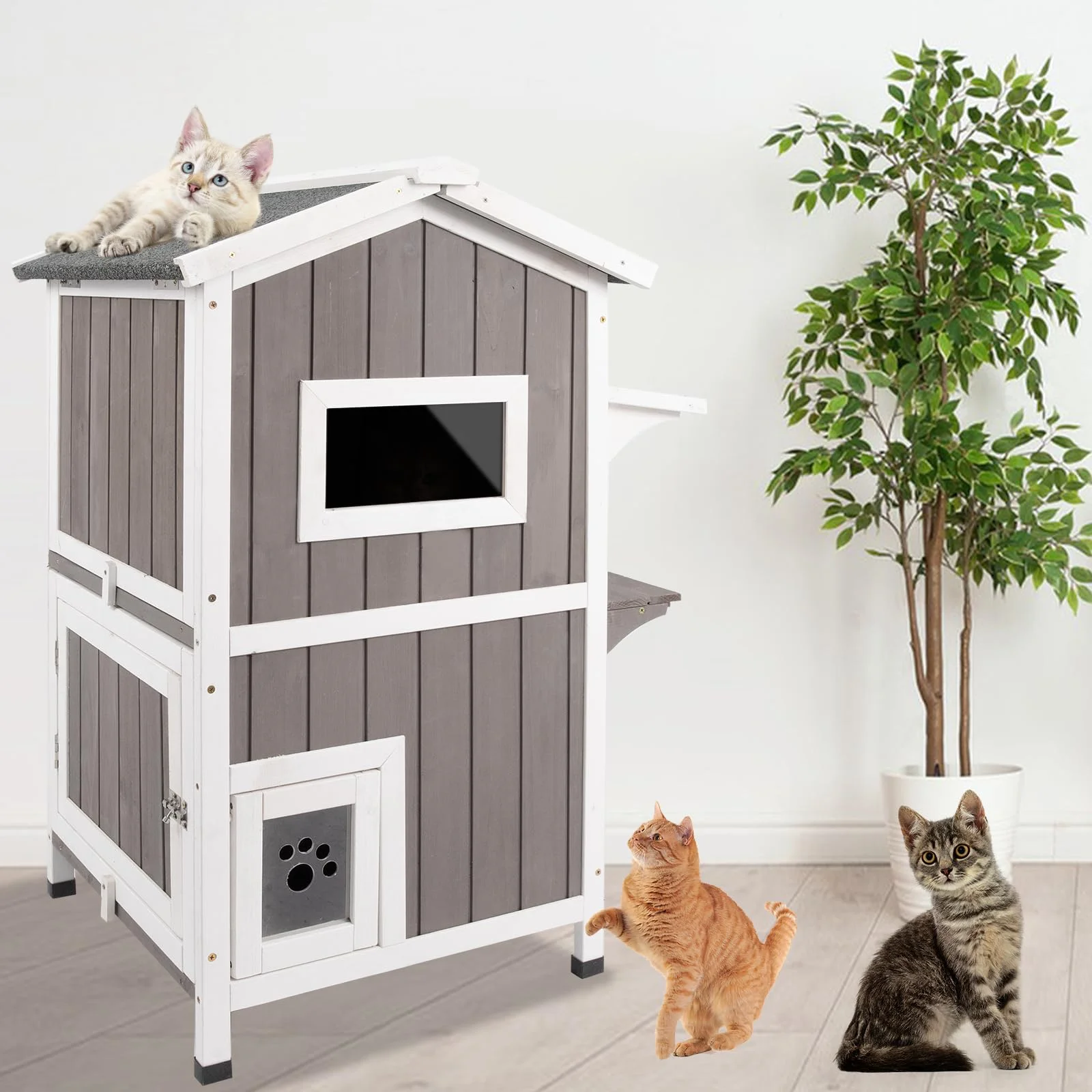 Gowoodhut PET04 Cat House Indoor Outdoor Feral Cat Shelter Kitty House with Escape Door, Gray - Image 7