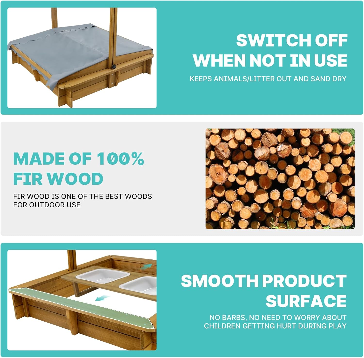 Outdoor GF05 Kids Sandbox with Lid, Wooden Sand Box with Cover, with 2 Side Buckets, Adjustable Canopy & UV-Protection, Natural fir/Smooth Surface, Sand Box for Kids Ages 2-8 - Image 7