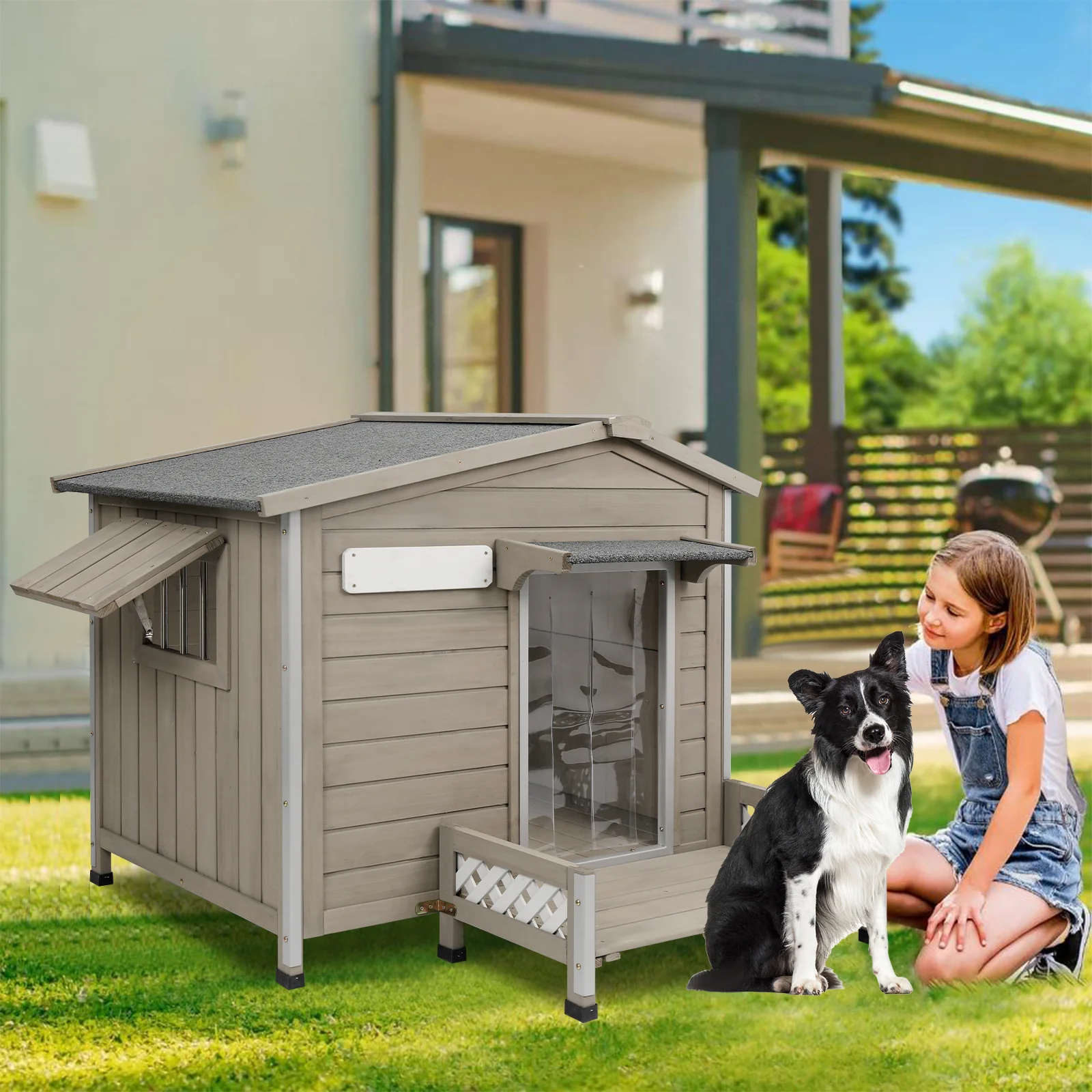 Gowoodhut PET67 Outdoor Dog House with Porch, Wooden Dog Kennel with Asphalt Roof - Image 8