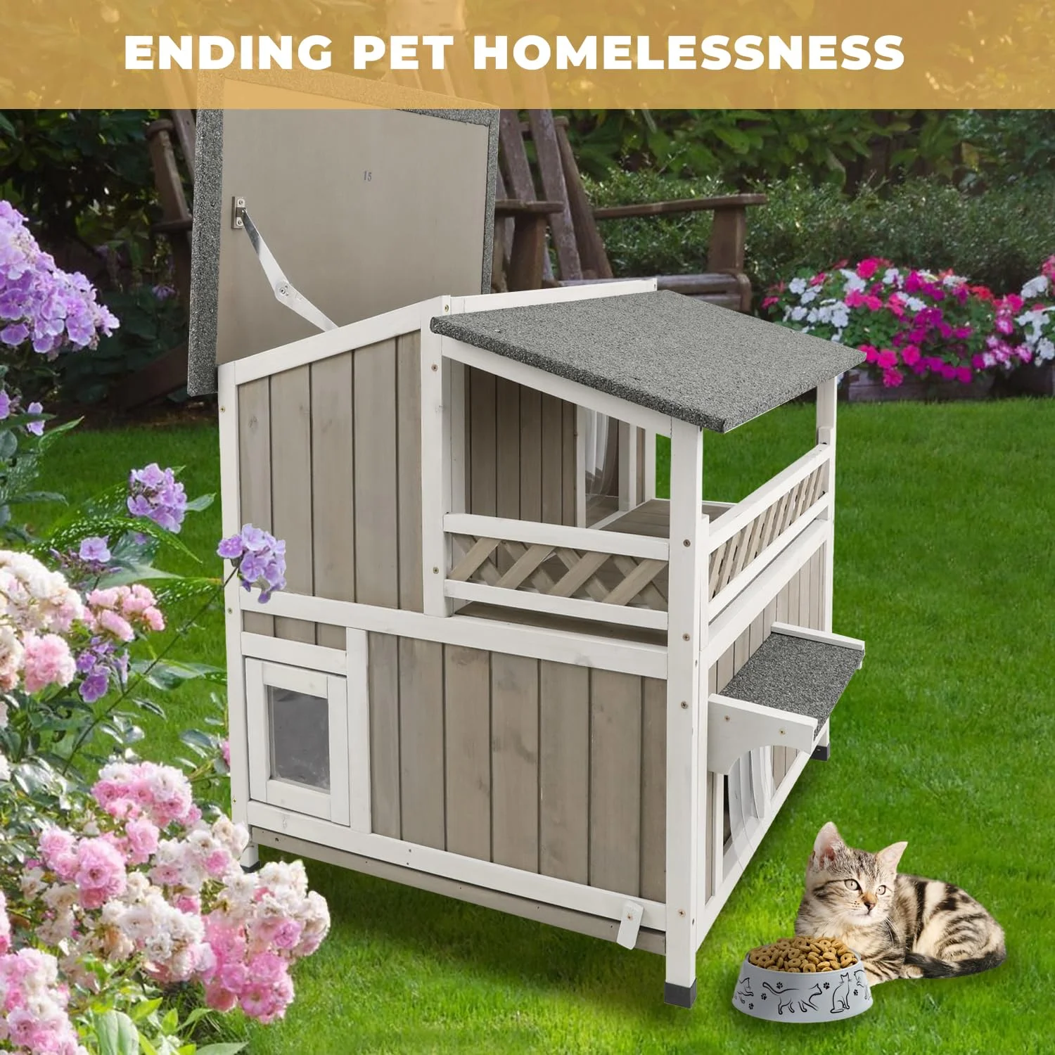 Gowoodhut PET14 Cat House Two-Story Wooden Feral Cat Shelter with Balcony for Indoor & Outdoor - Image 8