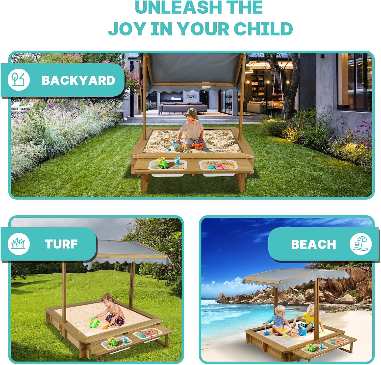 Outdoor GF05 Kids Sandbox with Lid, Wooden Sand Box with Cover, with 2 Side Buckets, Adjustable Canopy & UV-Protection, Natural fir/Smooth Surface, Sand Box for Kids Ages 2-8 - Image 8