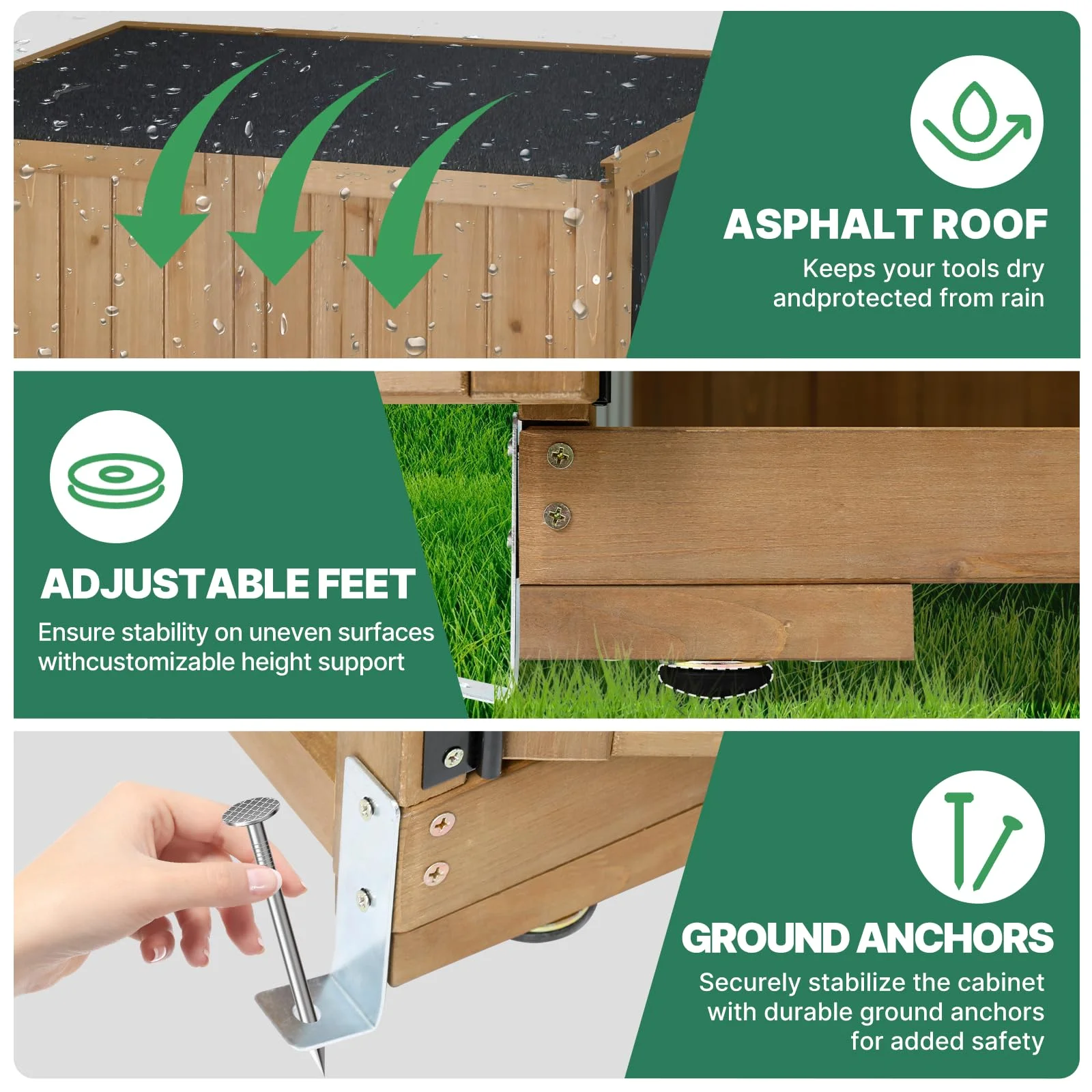 Gowoodhut GF32 Outdoor Storage Cabinet Wood & Metal, Tall Tool Shed with Weatherproof, Double Lockable Doors, Removable 3 Shelves, Adjustable Feet - Image 9
