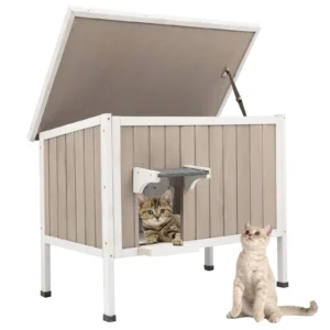 Gowoodhut PET17 Cat House Insulated Wooden Cat Shelter for Outdoor with Escape Door, Gray