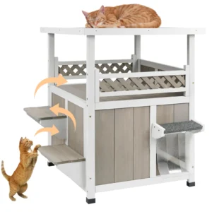 Gowoodhut PET09 Two Story Cat House Outdoor Weatherproof, Wooden Outside Feral Cat Shelter