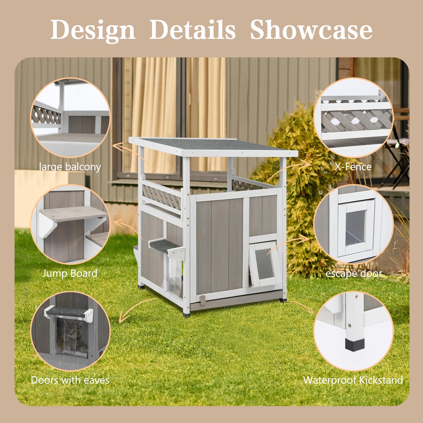 Gowoodhut PET09 Two Story Cat House Outdoor Weatherproof, Wooden Outside Feral Cat Shelter - Image 3