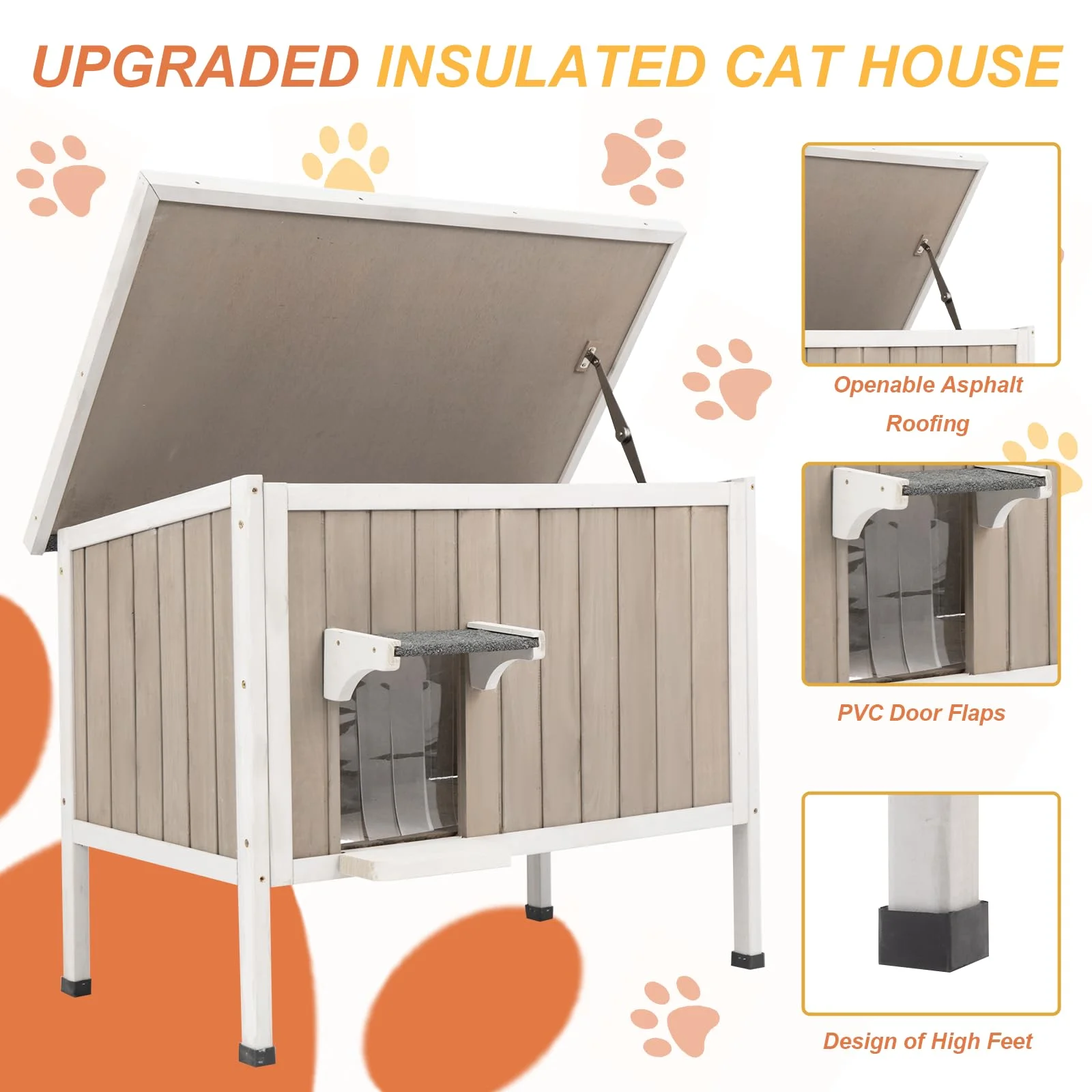 Gowoodhut PET17 Cat House Insulated Wooden Cat Shelter for Outdoor with Escape Door, Gray - Image 2