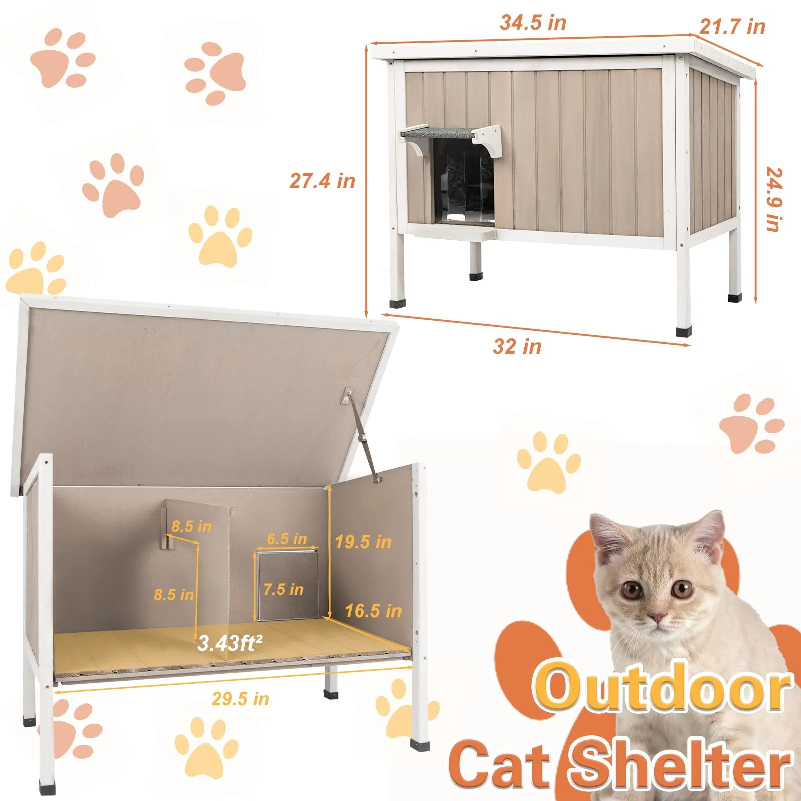 Gowoodhut PET17 Cat House Insulated Wooden Cat Shelter for Outdoor with Escape Door, Gray - Image 4