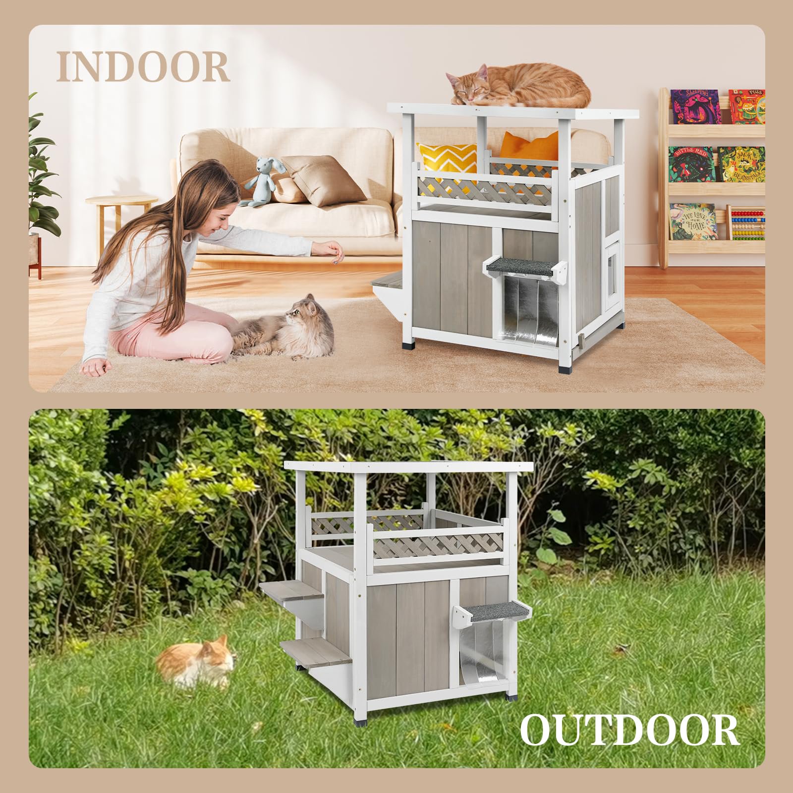 Gowoodhut PET09 Two Story Cat House Outdoor Weatherproof, Wooden Outside Feral Cat Shelter - Image 6