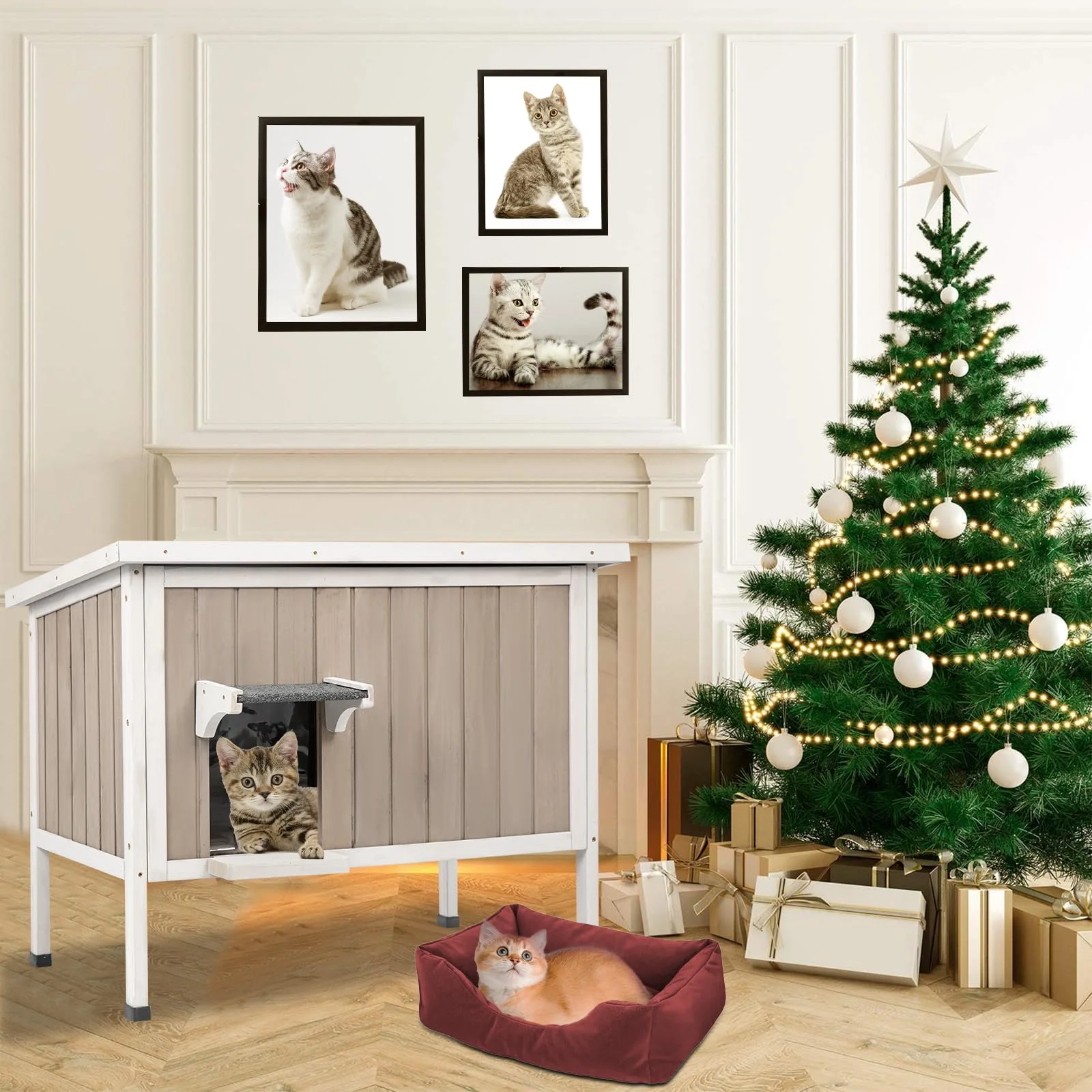 Gowoodhut PET17 Cat House Insulated Wooden Cat Shelter for Outdoor with Escape Door, Gray - Image 8