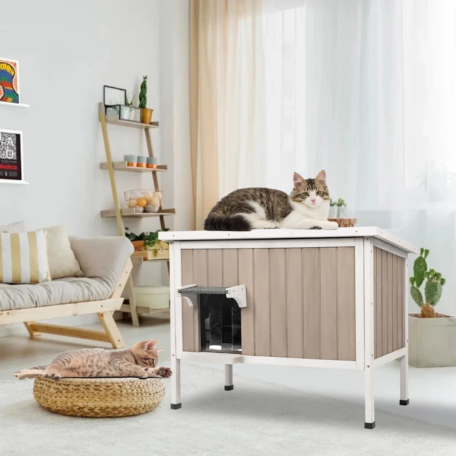 Gowoodhut PET17 Cat House Insulated Wooden Cat Shelter for Outdoor with Escape Door, Gray - Image 9