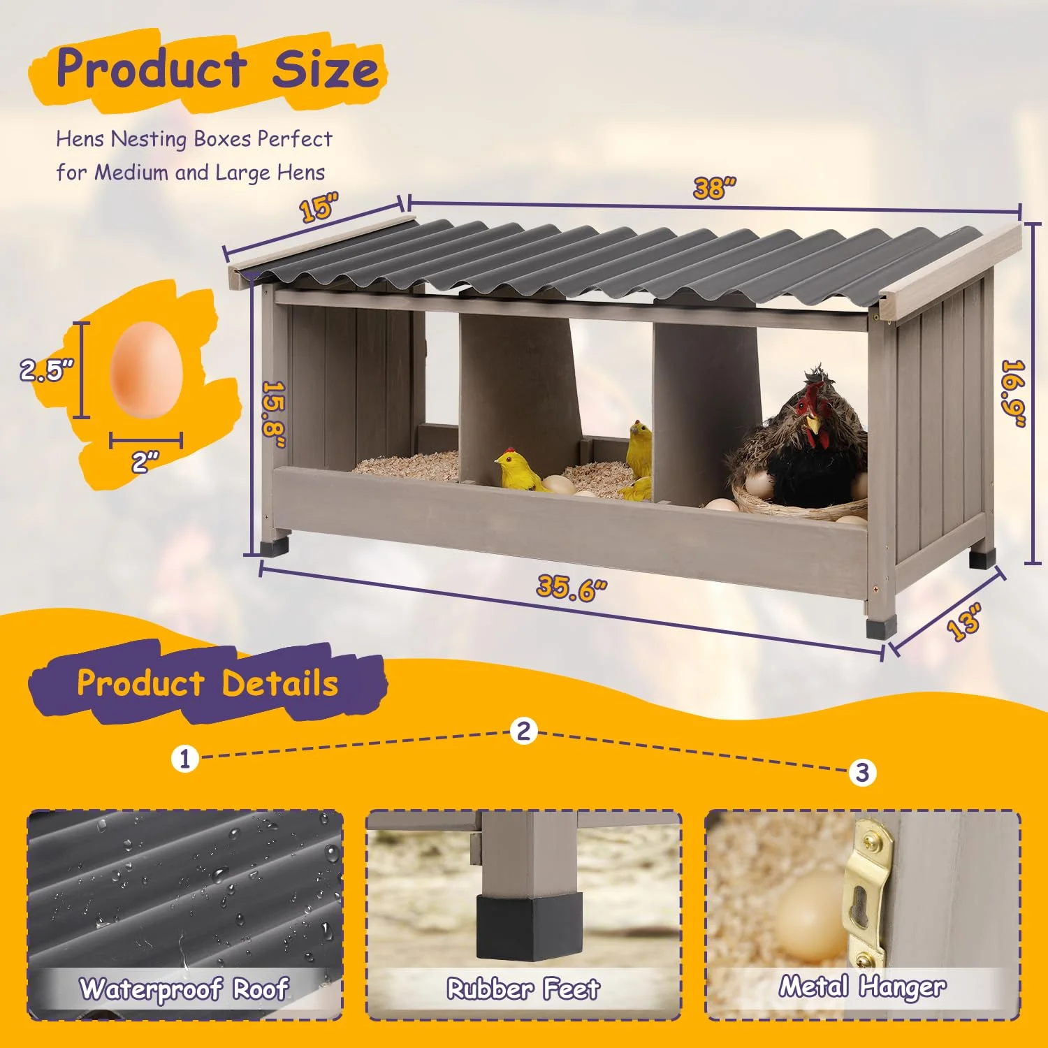 Gowoodhut PET56 Chicken Nesting Box, 3 Compartments Wooden Chicken Coop - Image 2