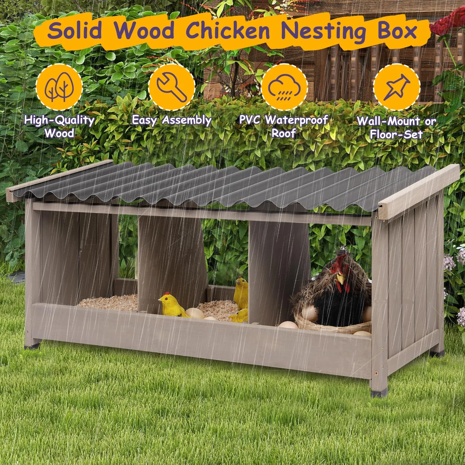 Gowoodhut PET56 Chicken Nesting Box, 3 Compartments Wooden Chicken Coop - Image 4