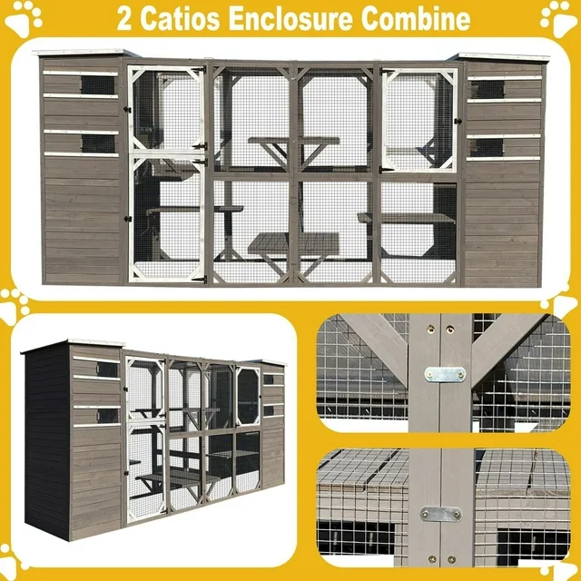 Gowoodhut Large Outdoor Catio Cat Enclosures - Wooden Cat House Weatherproof with Multi Platforms & Weather Resistant Roof, Catio Combined- 71" H 77" L - Image 3